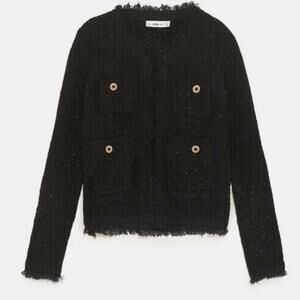 Zara Black Metallic Tweed Thread Knit Cardigan Jacket.
